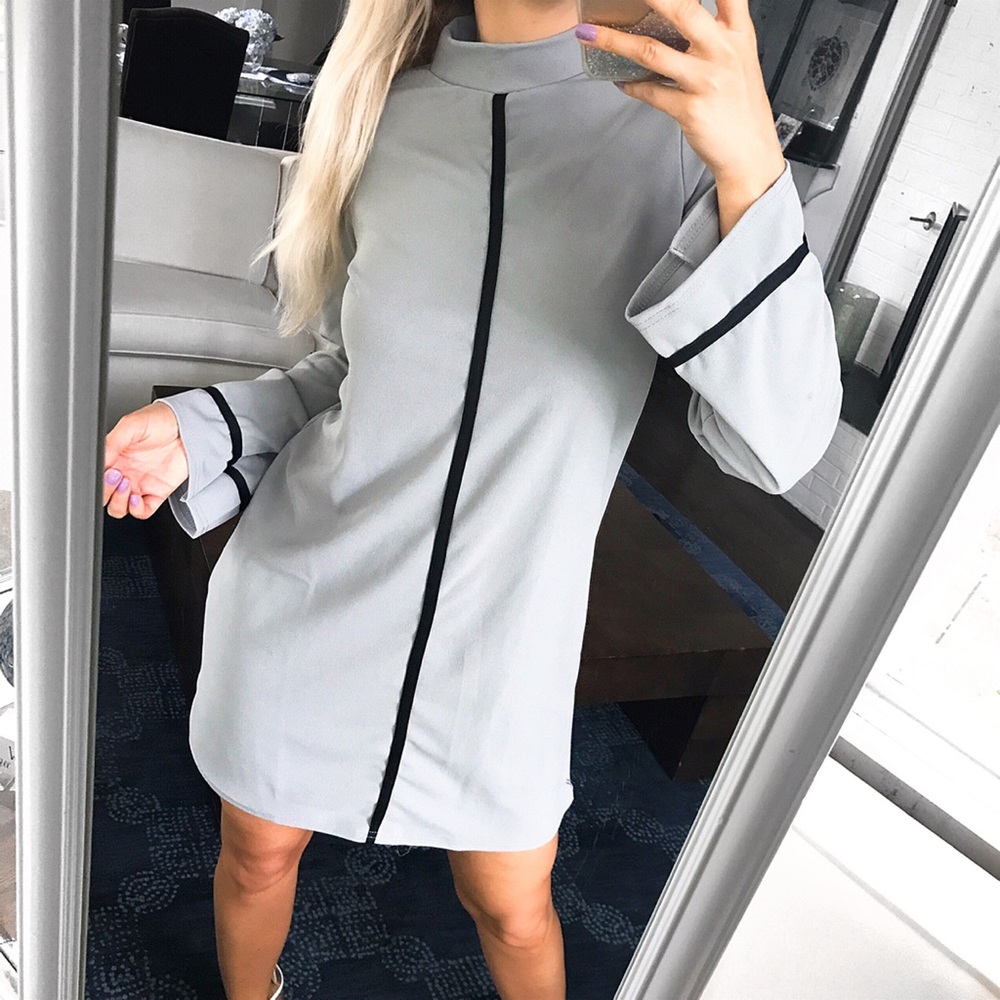 🆕 GREY HIGH NECK BLACK TRIM LONG SLEEVE DRESS! - Picture 4 of 8
